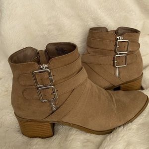 Silver buckle heeled ankle bootie